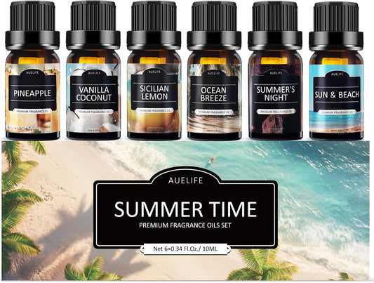 Summer Essential Oils Set | Top 6 Tropical Blends for Diffusers, Candle Scents, Aromatherapy Fragrance Oil - Coconut, Pineapple, Beach, Breeze, Lemon, Summer Night | Gift Set for Women, Home, Spa
