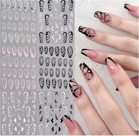 Pink, Black & White Hollow Butterfly Wings Nail Art Stickers – 3D Elegant Butterfly Decals for Professional or DIY Nails