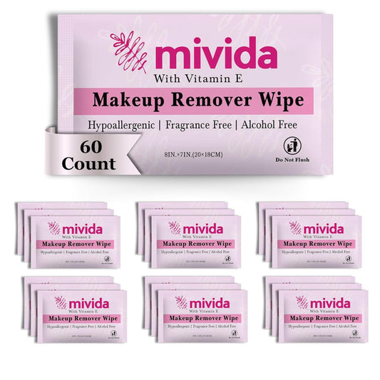 mivida 60 Count Individually Wrapped Makeup Remover Wipes With Vitamin E | Fragrance-Free, Alcohol-Free Hypoallergenic single make up removing wipes | Hotel Travel Size Toiletries