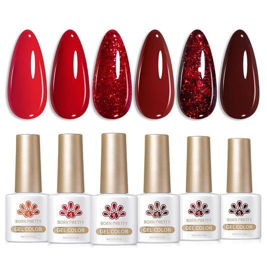 Born Pretty Red Gel Nail Polish Set 6Colors Dark Burgundy Wine Red Bloody Mary Collection Popular Shimmer Glitter Halloween Nail Gel Nails Art Design Minicure DIY Salon and Home 7ml