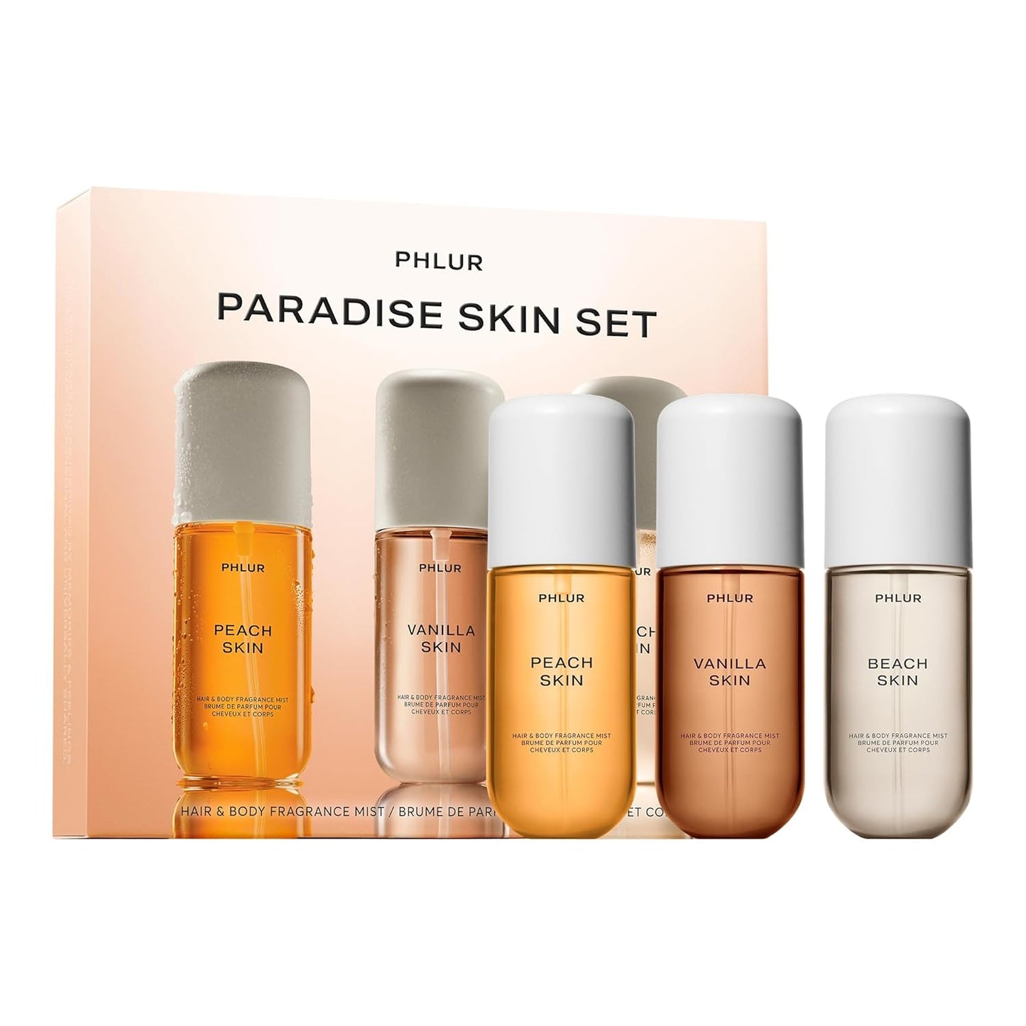 PHLUR Paradise Skin Set - Travel Size Body Mist Gift Set - Peach Skin, Vanilla Skin, & Beach Skin - Travel Size Hair and Body Fragrance Mist Trio (3 x 3 fl oz)
