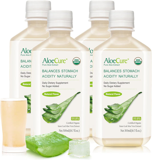 AloeCure USDA Organic Aloe Vera Juice Made Within 12 Hrs of Harvest - Pure Aloe Juice Natural Digestive Supplement to Support Digestion, Immune System and Balanced Stomach Acidity, 4 x 500ml Bottles