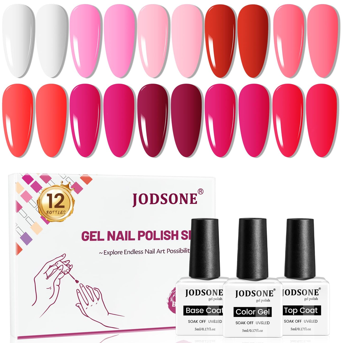 JODSONE 12 PCS Gel Nail Polish Base Coat and Top Coat Red Pink High Gloss Fashion Women Gifts