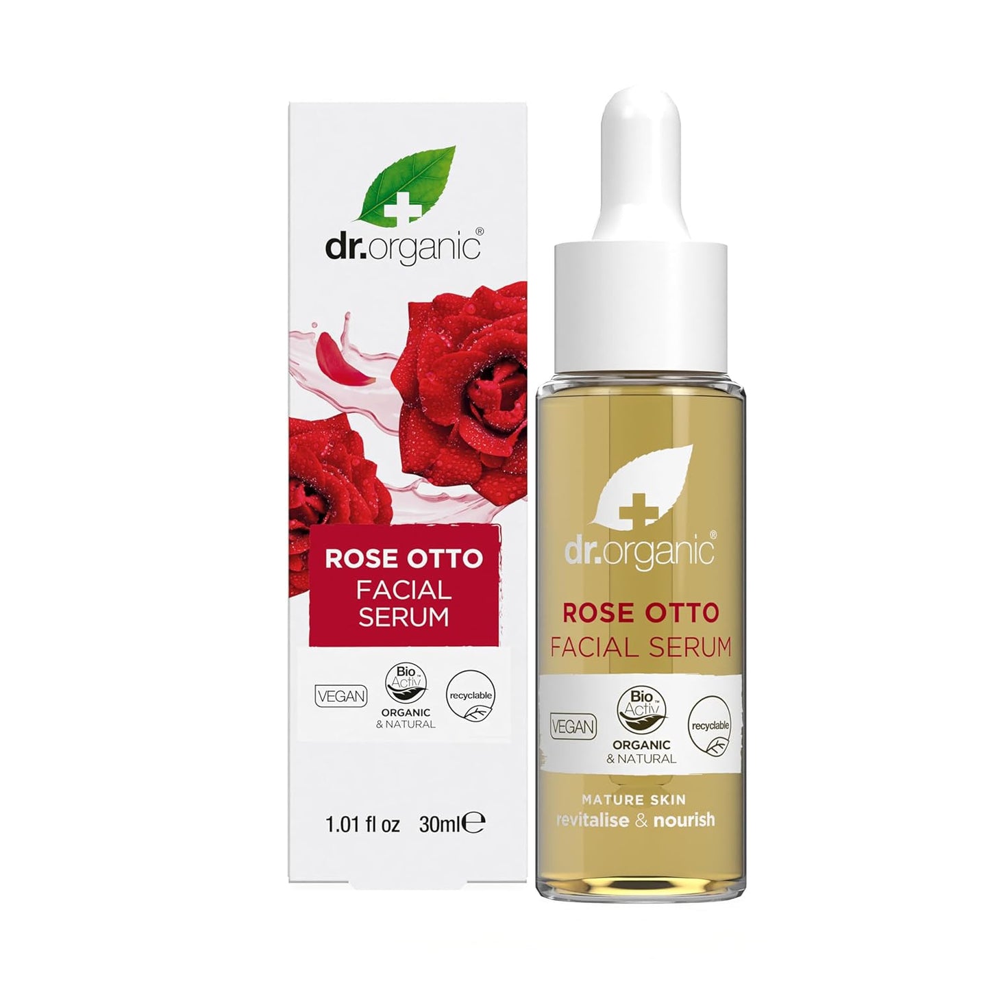 Dr. Organic Rose Otto Facial Serum | Nourishes and Smoothes Skin, Promotes Healthy Aging, Natural, Certified Organic, Paraben & SLS-Free, 30 mL / 1 fl oz
