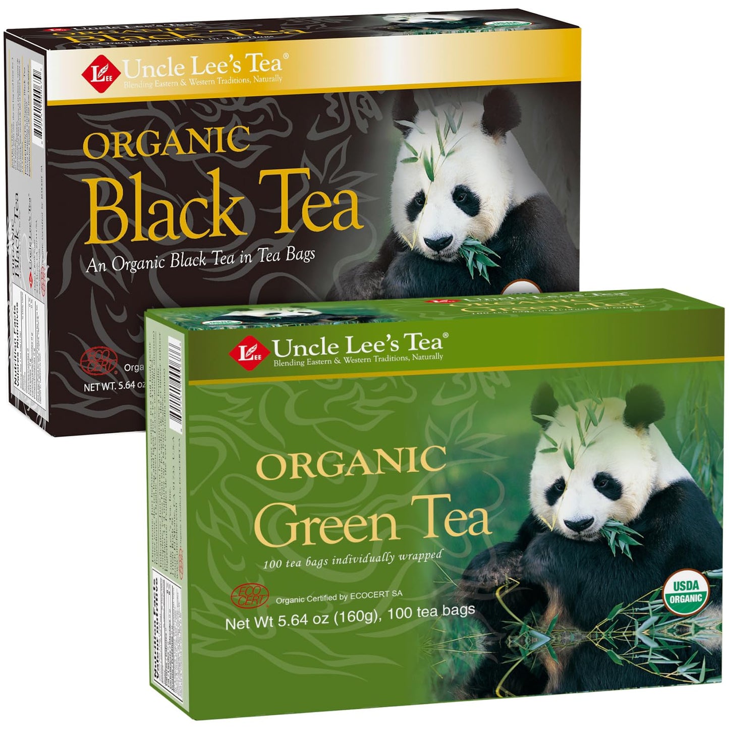 Uncle Lee's Organic Black and Green Tea Variety 2-Pack – Premium Organic Tea, Antioxidant-Rich, Bold and Refreshing, Delicious Hot or Iced, 100 Count Ea
