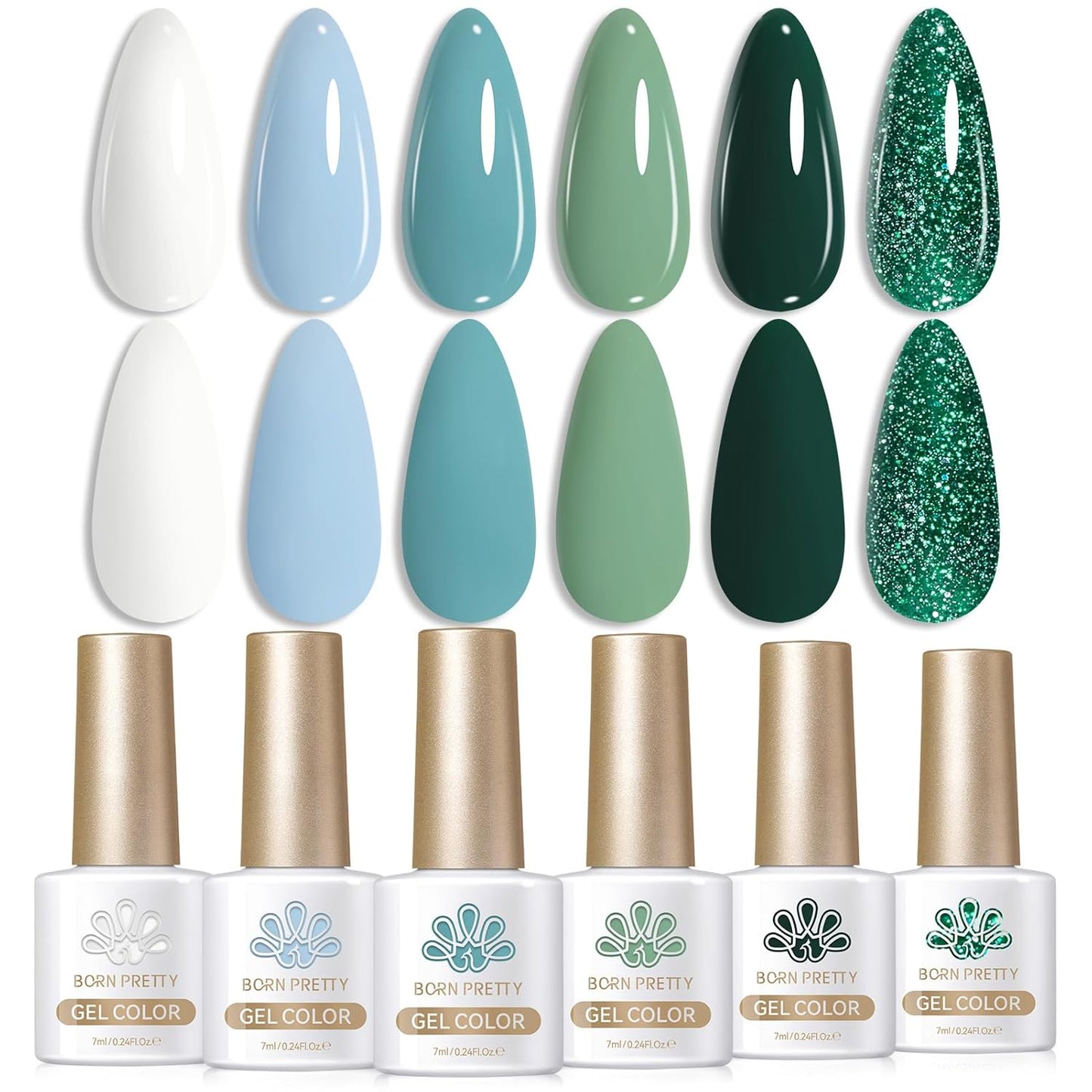 Born Pretty Christmas Green Gel Nail Polish,Light Green to Dark Shades Glitter Blue White Gel Polish Rainforest Saint Paclita's Soak Off U v LED Light Cure for Salon Manicure and Nail Art DIY at Home