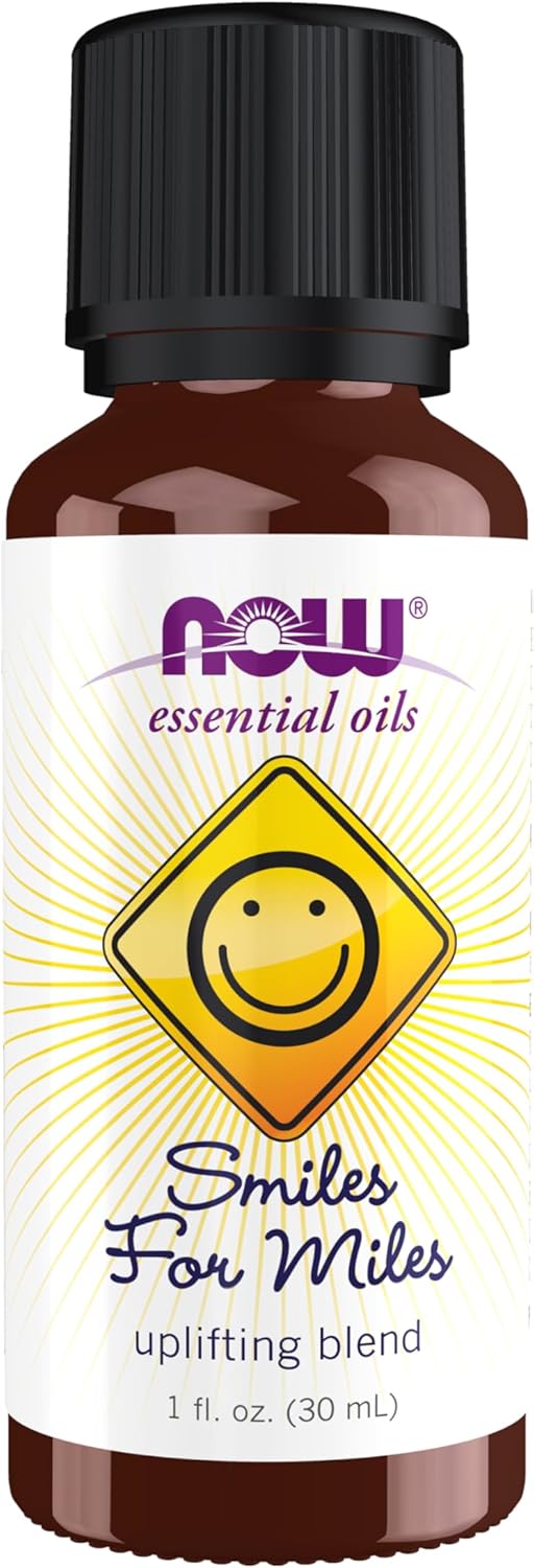 NOW Essential Oils, Smiles for Miles Aromatherapy Blend, Refreshing Aromatherapy Scent, Blend of Pure Essential Oils, Vegan, Child Resistant Cap, 1-Ounce