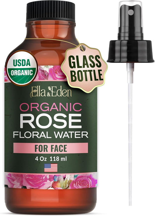 Ella & Eden Organic Rose Water Spray for Face, Hair | Hydrating, Refreshing Face Mist | USDA Certified 100% Pure Steam Distilled Hexane-Free - 4 Oz
