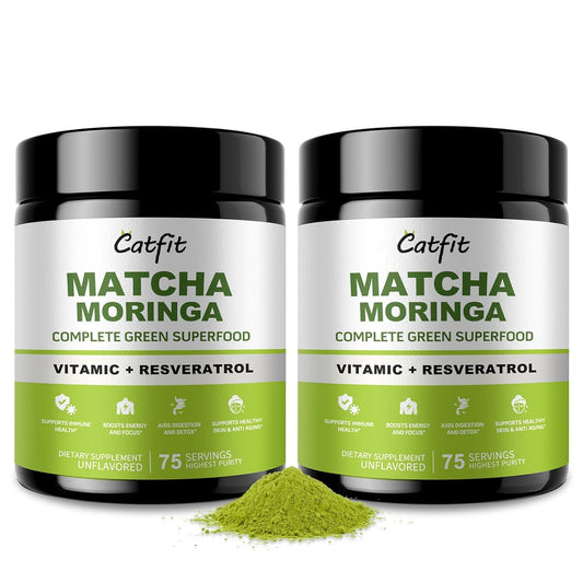 2 Pack Moringa Powder and Matcha Powder, 4 in 1 Superfood Blend with Green Tea and Resveratrol, for Energy, Immune, Digestion, and Antioxidant Support, Vegan, Gluten-Free, Moringa Supplement