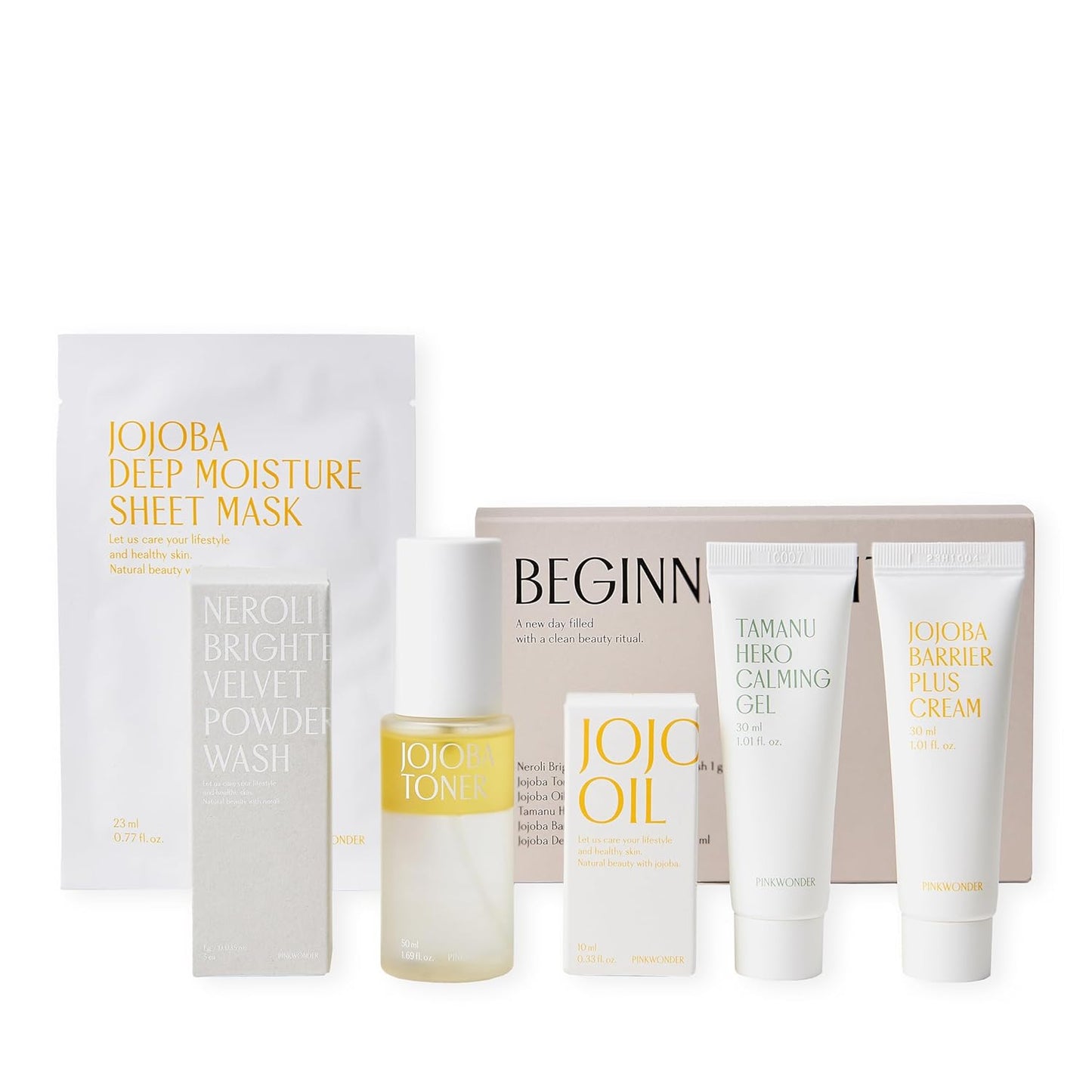PINKWONDER Beginner Edition Skincare Set | USDA Organic Jojoba Oil | Hydrating & Soothing Routine | Travel Essentials for Women | Korean Skincare Gift