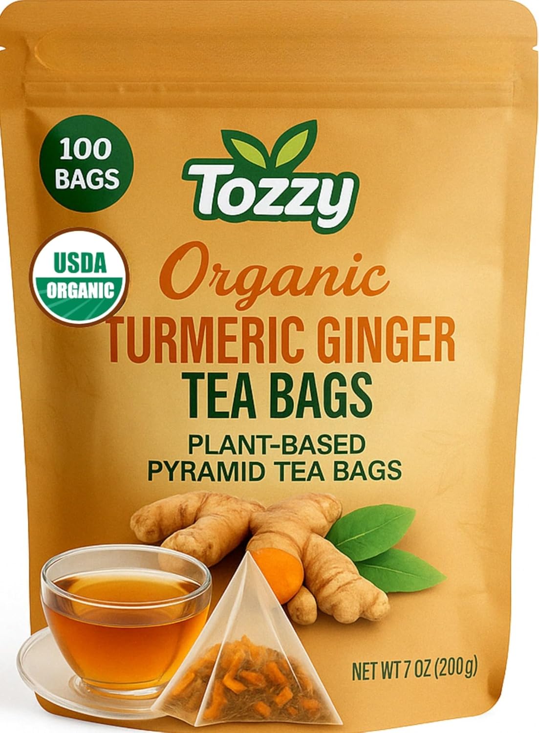Tozzy Organic Turmeric Ginger Tea – 100 Count, Plant-Based Pyramid Tea Bags