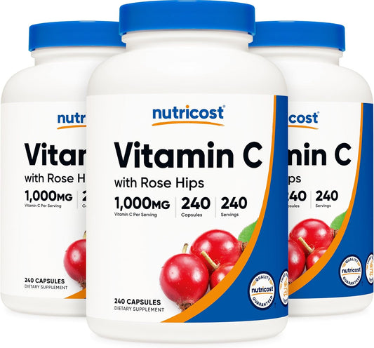 Nutricost Vitamin C with Rose HIPS 1025mg, 240 Capsules (3 Bottles) - Premium Non-GMO, Gluten Free Vitamin C Supplement