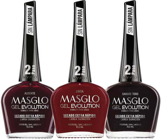 MASGLO Gel Evolution – Set of 3 Nail Polishes No UV/LED Lamp Needed, Fast-Drying, 12-Day Wear, 14-Free Formula, High-Gloss Finish, vegan (0.5 oz Each)