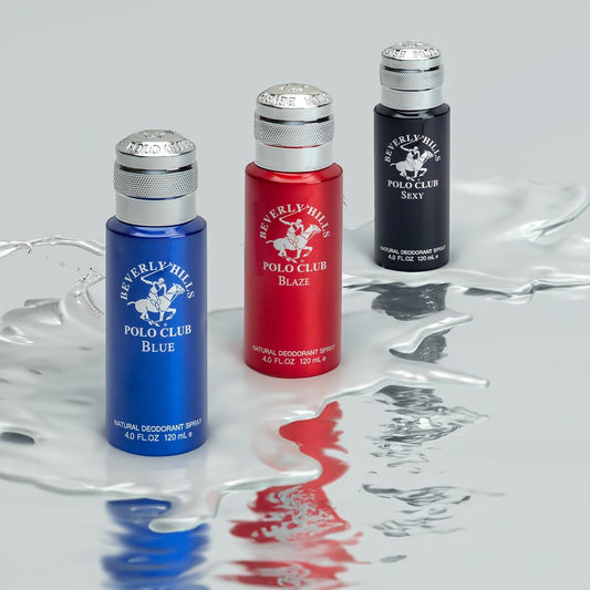 BHPC Men's Deodorant Body Spray Collection - 3 Piece Deodorizing Natural Body Spray Gift Set for Men - Beverly Hills Polo Club Long Lasting Odor Protection Deodorant - Sexy, Blaze and Blue (4 Oz Each)