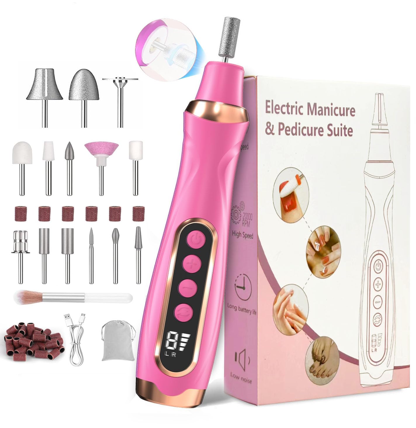 Professional Manicure Pedicure Kit Cordless Electric Nail File Set 6 Speed Cordless Nail Drill for Thick Nail Toenail Cuticle Hand Foot Care Nail Drill Tool(Rose)