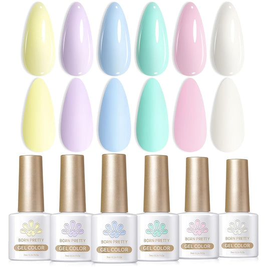 Born Pretty Pastel Gel Nail Polish Set Spring Summer Macaron Candy Sweet Color Gel Polish Easter Soft Pink Yellow Purple Blue Green Colors Collection 7ML 6PCS Nail Art Gift Box