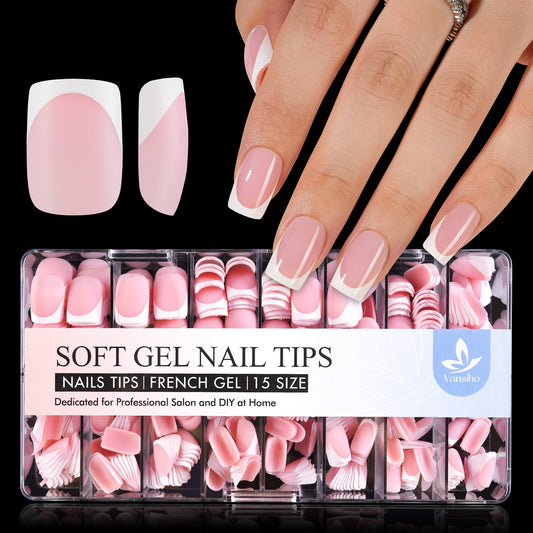 Vansiho French Gel Nail Tips 600Pcs, Short Square Soft Gel Nail Tips, Pink French Tips Press on Nails, Fake Nails with Box for Nail Art DIY 15 Sizes