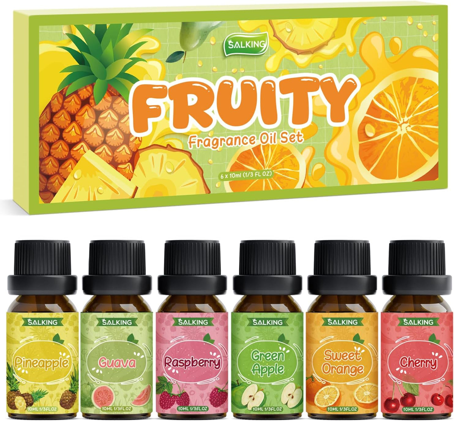 SALKING Fruity Fragrance Essential Oils Set, Essential Oil Gift Set Scented Oils for Diffuser Candle Making - Pineapple,Guava, Raspberry, Green Apple, Orange, Cherry