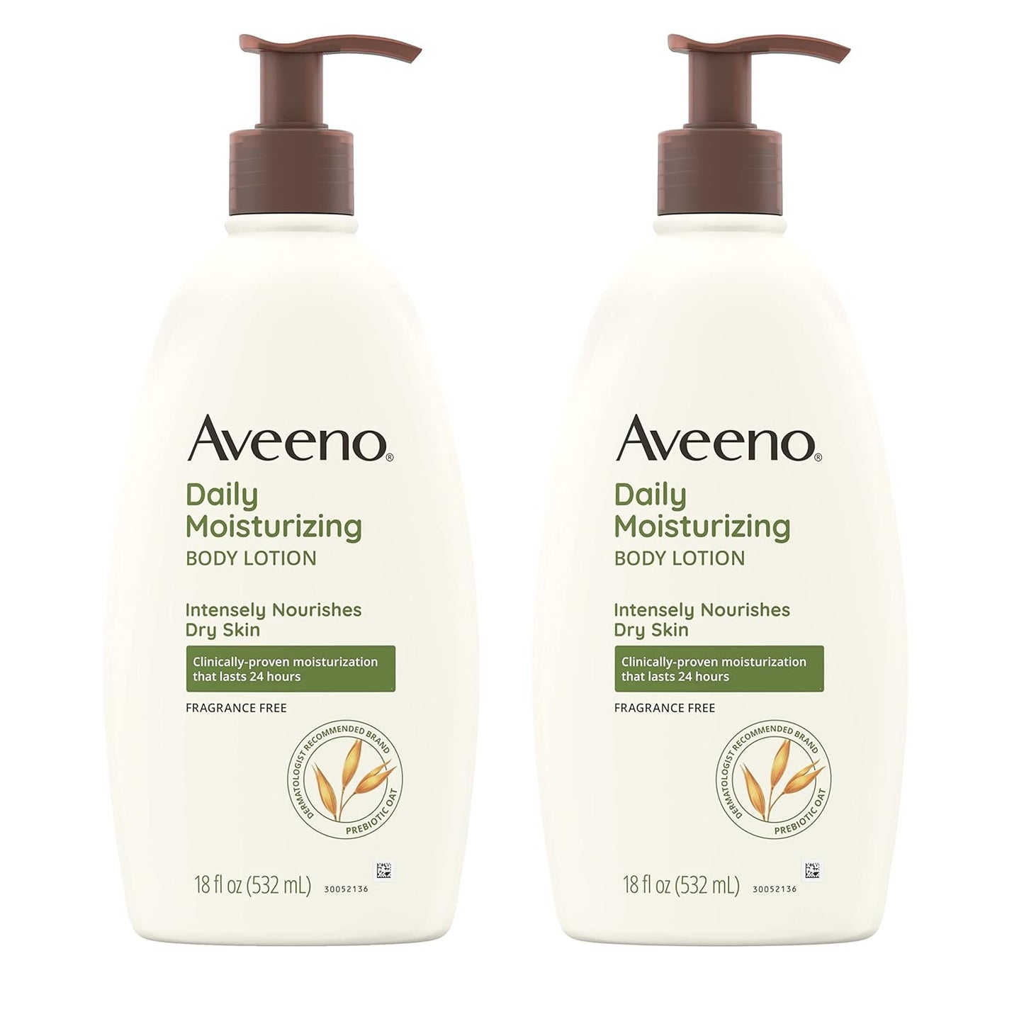 Aveeno Daily Moisturizing Body Lotion for Dry Skin with Prebiotic Oat, Fragrance & Paraben Free, Non-Greasy, Non-Comedogenic, for Sensitive Skin & 72-Hour Moisturizer 18 Fl Oz (Pack of 2)