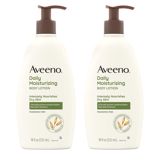 Aveeno Daily Moisturizing Body Lotion for Dry Skin with Prebiotic Oat, Fragrance & Paraben Free, Non-Greasy, Non-Comedogenic, for Sensitive Skin & 72-Hour Moisturizer 18 Fl Oz (Pack of 2)