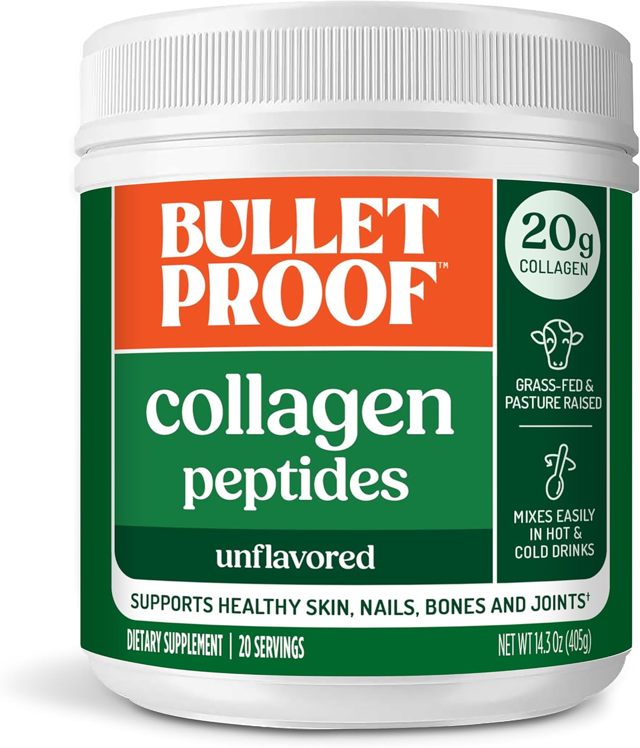 Bulletproof Unflavored Collagen Peptides Powder with MCT Oil, 14.3 Ounces, Grass-Fed Collagen Protein for Skin, Bone and Joint Support, Pasture Raised, No Added Hormones