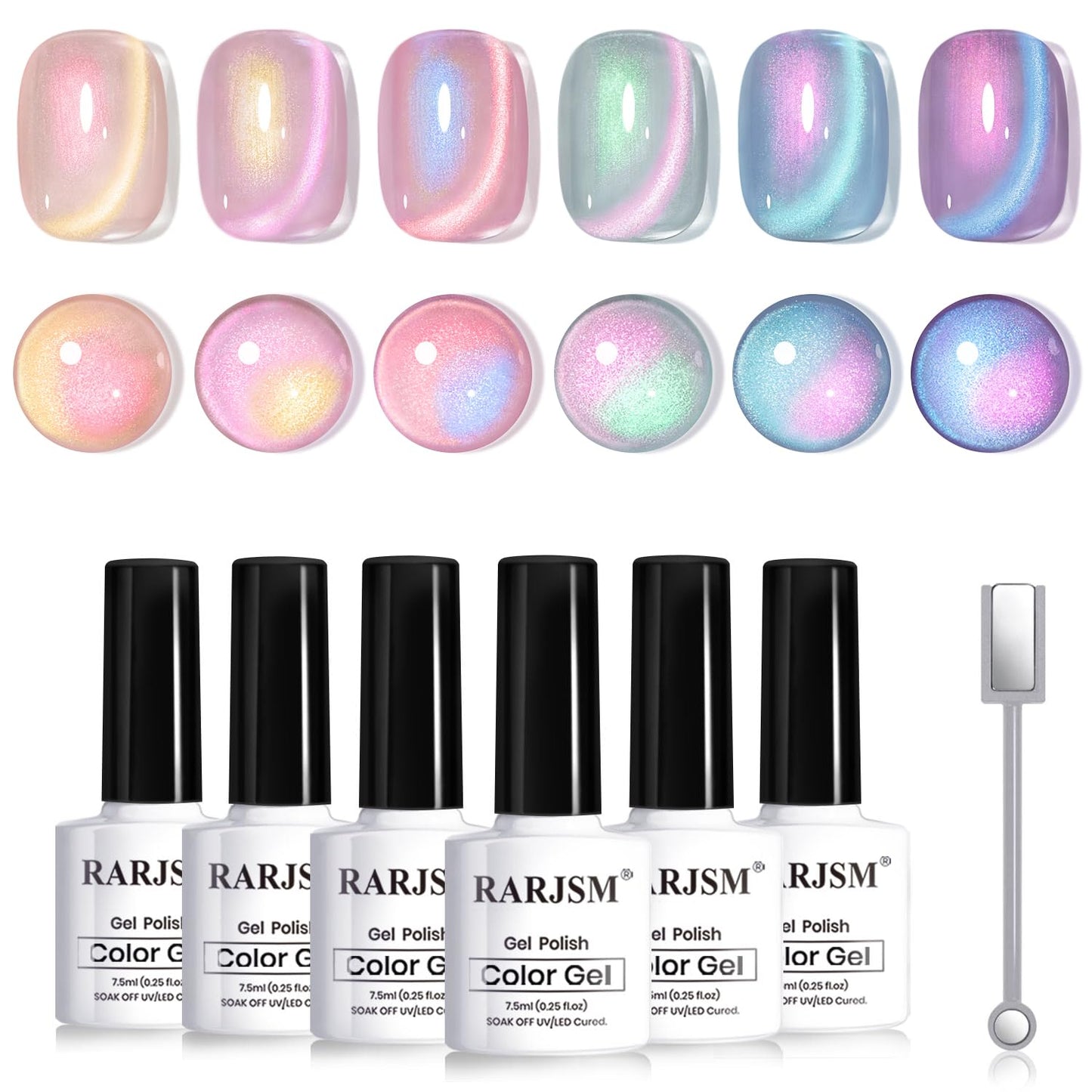 RARJSM Aurora Pearl Cat Eye Gel Nail Polish Set 6pcs Ceramic Silver Shimmer Universal Pink Green Blue Purple Orange Glitter Mermaid Swirl Shell Thread Effect with Magnet Stick Curing Requires