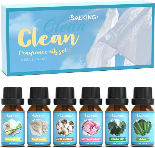 SALKING Clean Fragrance Oils Set, Premium Essential Oil for Diffuser, Scented Oil Gift Set for Soap Candle Making - Lemongrass, Fresh Cotton, Fresh Linen, Cherry Blossom Soap, Clean Air, Aloe