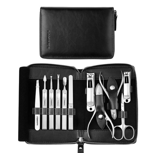 Manicure Kit, FAMILIFE Professional Manicure Set Nail Kit, 11 in 1 Stainless Steel Nail Clippers Set for Men Pedicure Kit, Men Grooming Kit with Portable Black Leather Travel Case Luxury Gifts for Him