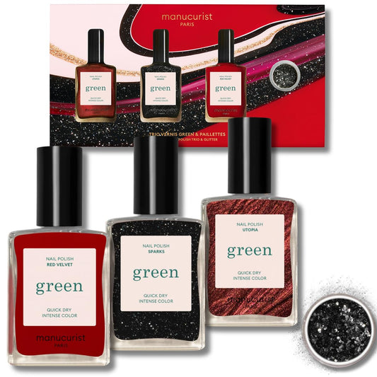 Manucurist Green Gift Set - 3 Vegan Nail Polish With Biodegradable Glitter - Black, Brown, Red Kit - Christmas Gifts for Women - Secret Santa - Holiday Gel Gift Box - Christmas Presents