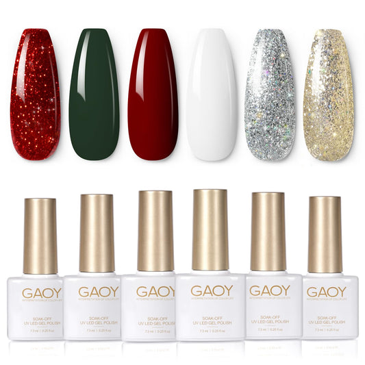 GAOY Red Christmas Gel Nail Polish Set, 6 Colors White Dark Green Glitter Sparkle Winter Soak Off UV Light Cure Gel Polish Kit for Salon and Nail Art DIY at Home