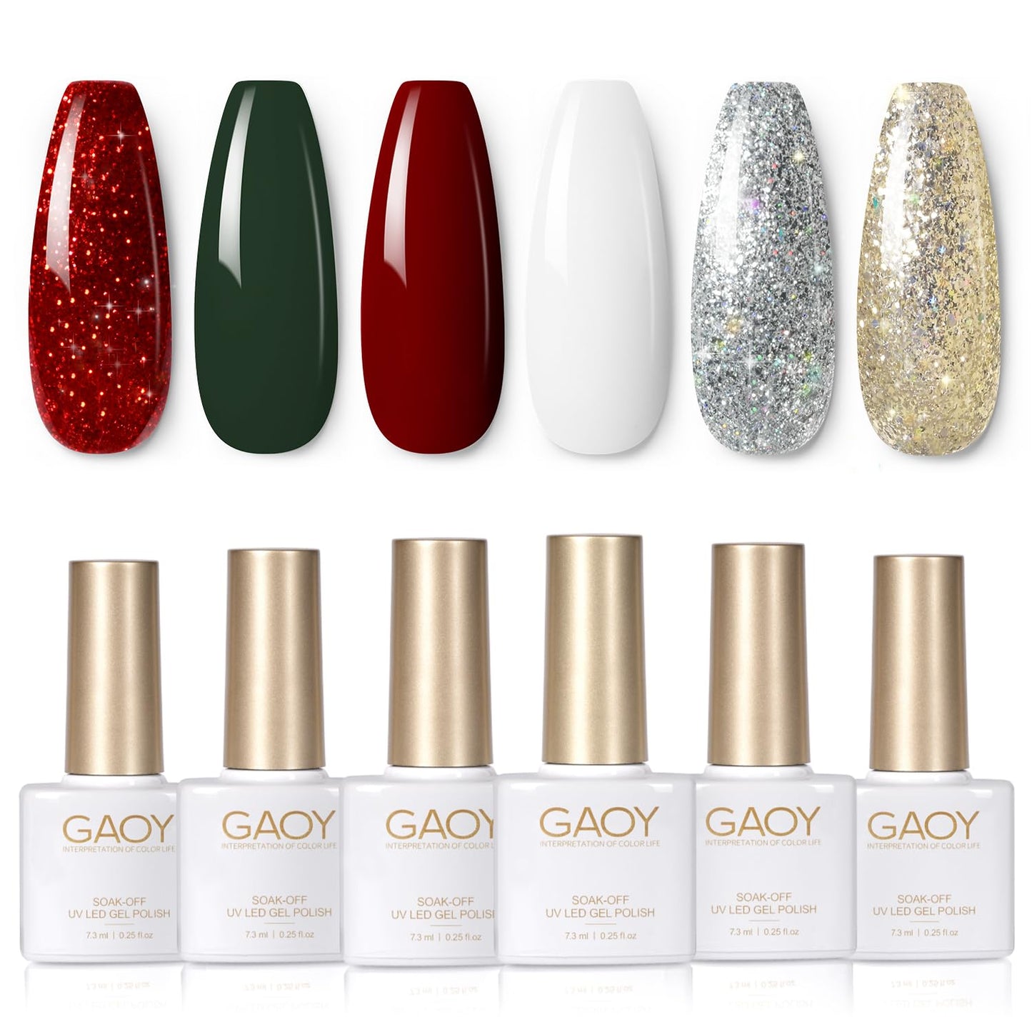 GAOY Red Christmas Gel Nail Polish Set, 6 Colors White Dark Green Glitter Sparkle Winter Soak Off UV Light Cure Gel Polish Kit for Salon and Nail Art DIY at Home