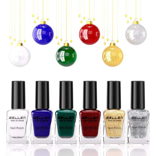 GELLEN Christmas Nail Polish, Winter Air Dry Regular Nail Lacquer Polish Red Green Blue White Gold Silver Glitter 6-Color Set, For Fingernail Toe Nails Home Salon, Not UV Gel, Hema Free, Non-toxic