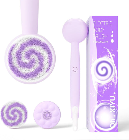 Electric Back Scrubber for Shower Body Brush, Waterproof Shower Body Scrubber for Cleansing, Massaging, Rechargeable Bath Brush for Kids & Adults with 2 Heads & 3 Speed Modes, Taro Purple XY0