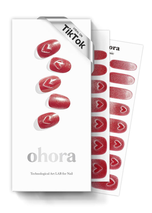ohora Semi Cured Gel Nail Strips (N Magnetic Love) - Red, Magnet, Works with Any UV/LED Lamps, Salon-Quality, Long Lasting, Easy to Apply & Remove - Includes 2 Prep Pads, Nail File & Wooden Stick