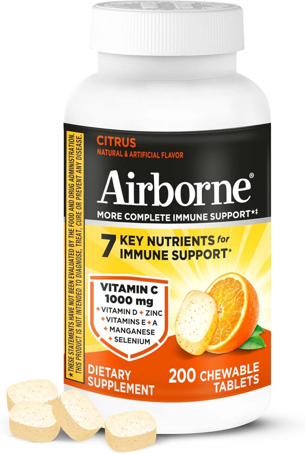 Airborne 1000mg Vitamin C with D and Zinc, Multivitamin Immune Support Supplement with Antioxidants A, C, and E, 200 Chewable Tablets, Citrus Flavor