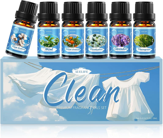 Clean Essential Oils Set for Diffuser & Candle Making | 6 Pack Premium Aromatherapy Oils Gift Set - Lavender, Eucalyptus, Mint, Sweet Orange, Lemongrass, Clean Cotton for Home, Relaxation & DIY
