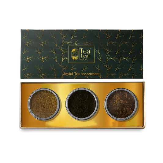Tea Leaf & Co. Joyful 3 Pack Premium Tea Git Combo Box - Contains Sweet Hibiscus, English Breakfast Black & Turmeric Ginger Herbal Teas - Perfect for Premium Gifting (3Oz)