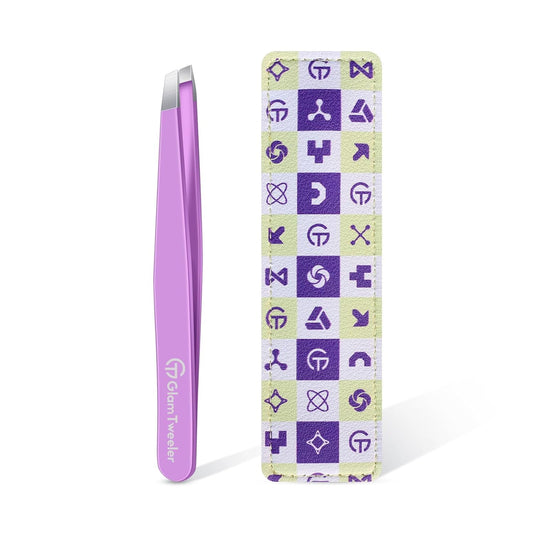 Expert Slant Tip Tweezers with Leather Case, GlamTweeler Sharp & Precision Stainless Steel Tweezer for Eyebrows, Facial Hair and Fine Hairs Removal (Violet)