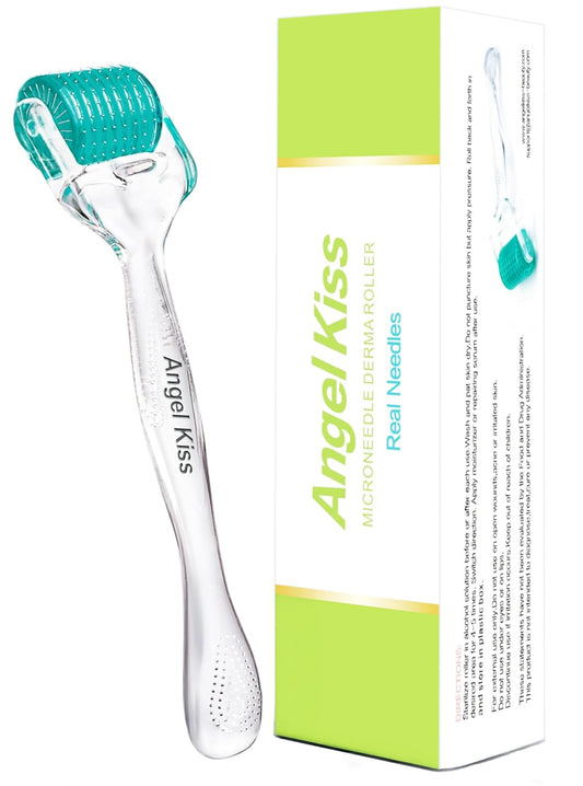 Derma Roller Real Needles - Angel Kiss 0.25mm Microneedling Roller with Case - 192 Stainless Steel Micro Needling Dermal Kit for Face, Scalp, Body - At Home Microdermabrasion Roller for Women Men