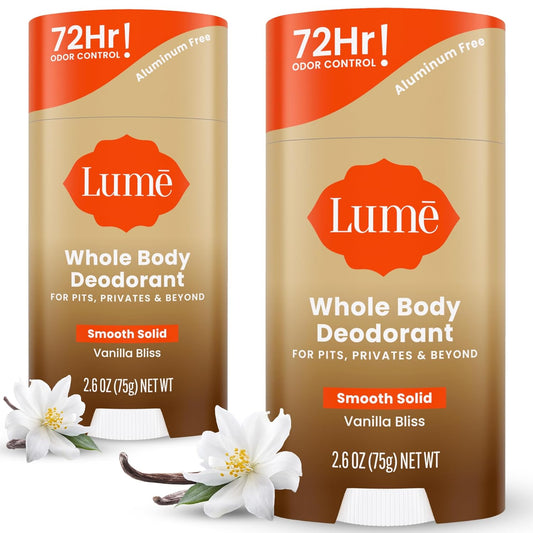 Lume Whole Body Deodorant - Smooth Solid Stick - 72 Hour Odor Control - Doctor Developed - Aluminum Free, Baking Soda Free and Skin Loving - 2.6 Ounce (Pack of 2) (Vanilla Bliss)