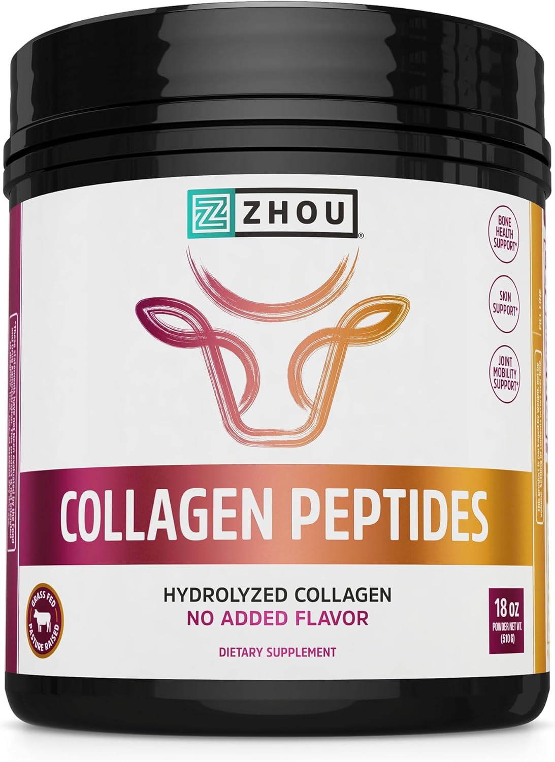Zhou Collagen Peptides - Pure Hydrolized Collagen Powder for Women & Men, Grass Fed Natural Bovine Collagen for Skin, Hair Growth, Joints & Bones - 18 oz Jar (46 Servings)