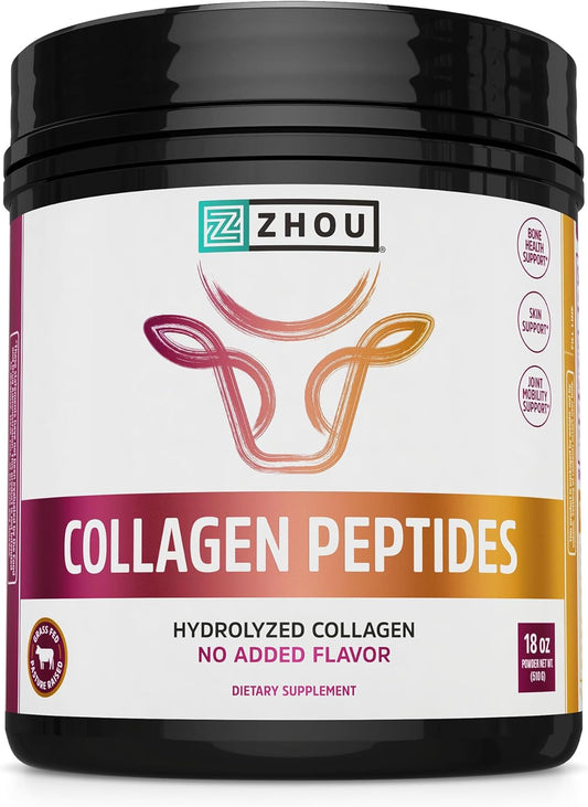 Zhou Collagen Peptides - Pure Hydrolized Collagen Powder for Women & Men, Grass Fed Natural Bovine Collagen for Skin, Hair Growth, Joints & Bones - 18 oz Jar (46 Servings)