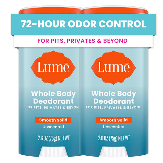 Lume Whole Body Deodorant - Smooth Solid Stick - 72 Hour Odor Control - Aluminum Free, Baking Soda Free and Skin Safe - 2.6 Ounce (Pack of 2) (Unscented)