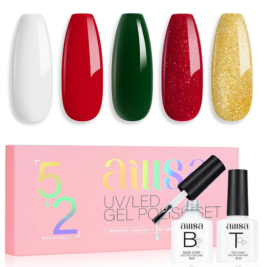 AILLSA Christmas Nail Polish Set White Red Sparkle Polish with Base and Top Coat, Dark Green Gold Glitter Polish Soak Off U V Starter Kit for Art Salon DIY