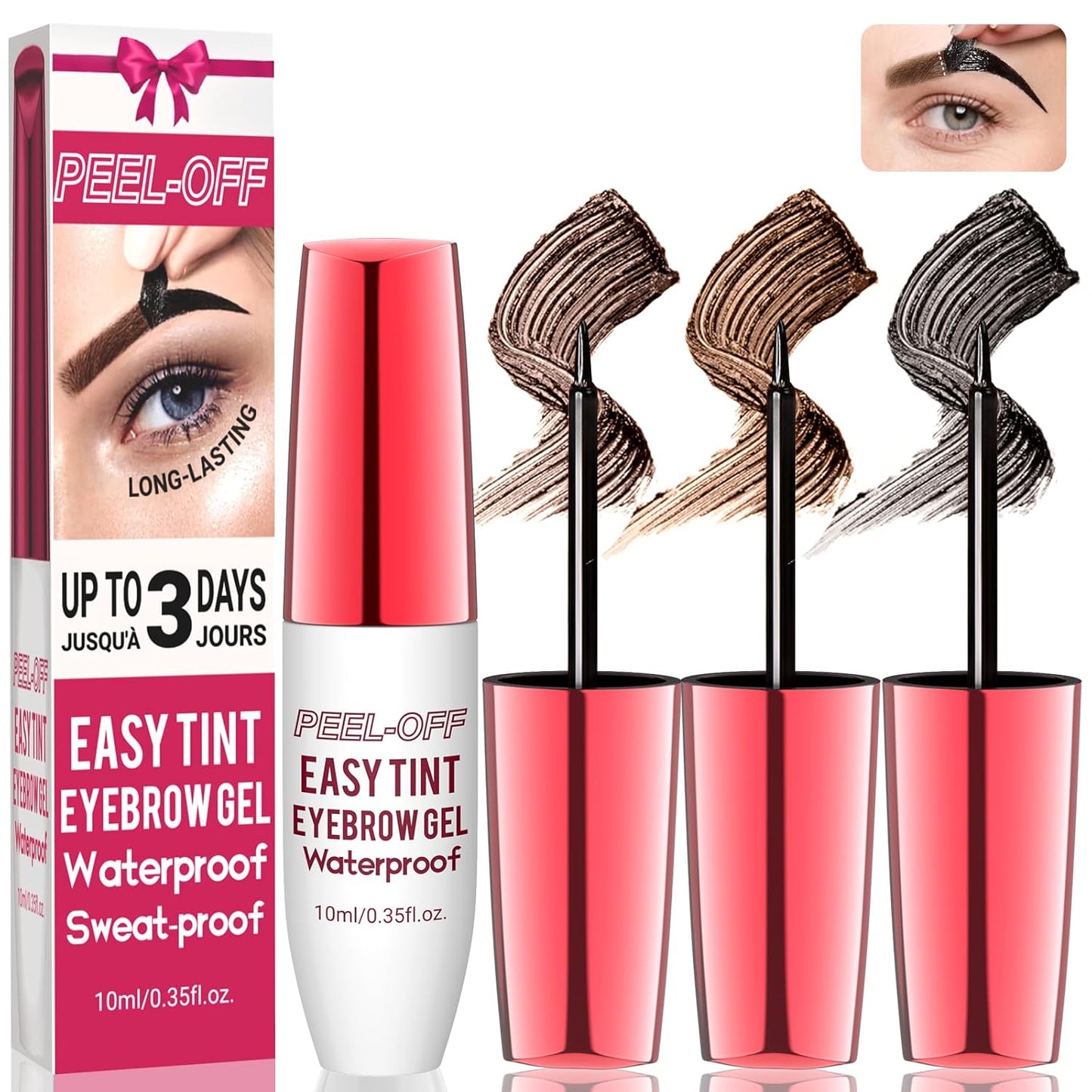3PCS Easy Peel Off Tattoo Eyebrow Gel Kit - Brow Peel Off Gel for Women,Waterproof Long-lasting,Sweatproof,Natural Brows Color,For Fuller & Defined Looking Brows,DIY at Home(Brown+Darkbrown+Balck)