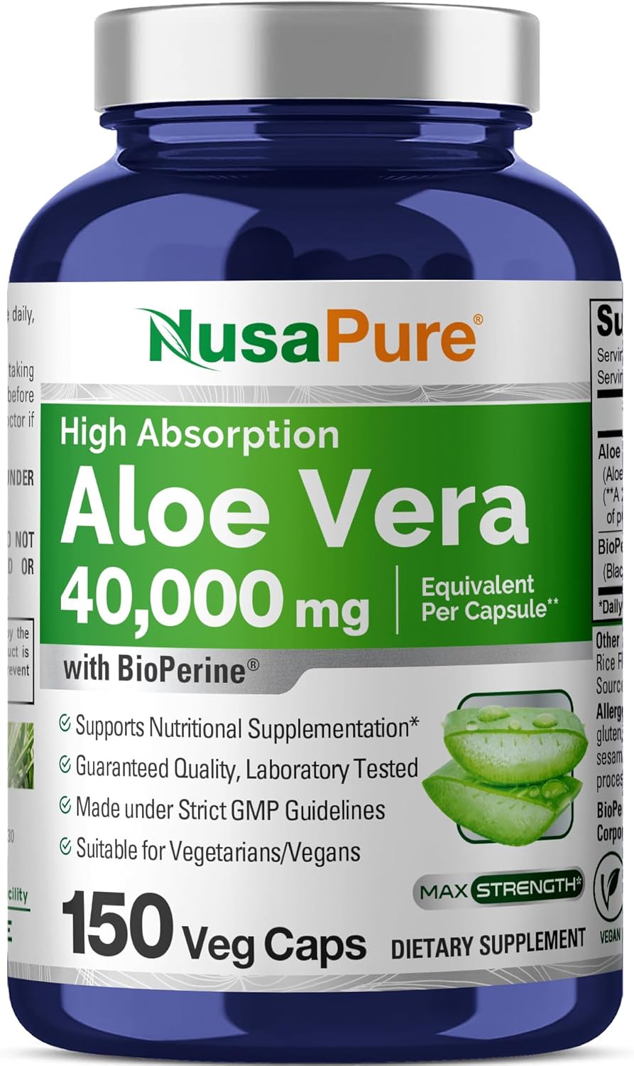NusaPure Aloe Vera 40,000mg Per Veggie Caps - 150 Count - Aloe Vera Gel Supplement - Extract 200:1, Vegetarian, Non-GMO, Bioperine