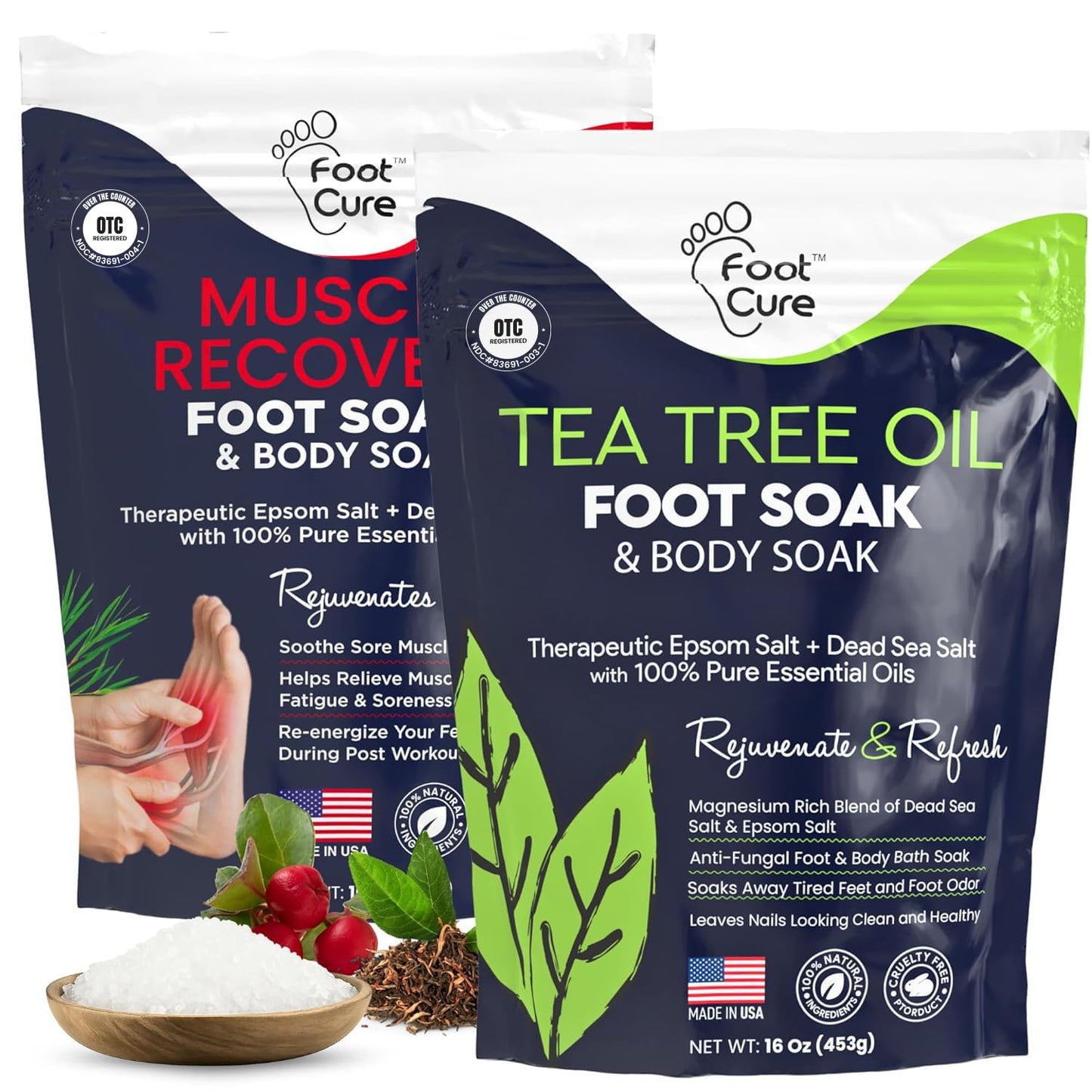 FOOT CURE Tea Tree Oil & Muscle Foot Soak with Epsom Salts - All-Natural Salts for Post-Workout Recovery - Softens Calluses, Soothes Sore & Tired Feet, Foot Odor Control, Spa Pedicure (Pack of 2)