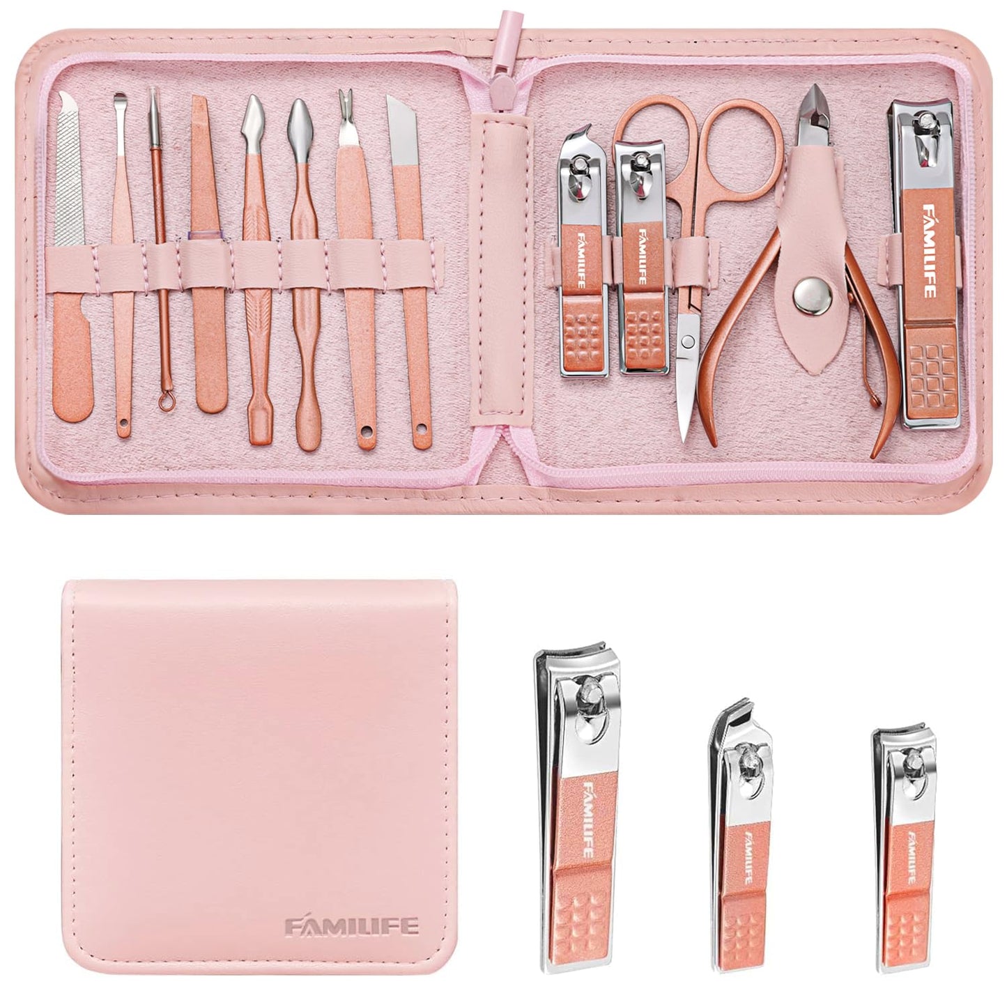 FAMILIFE Manicure Set, Professional Nail Kit Stainless Steel Nail Clipper Set, 13PCS Beauty Tools Manicure Kit Pedicure Tools, with Portable Pink Leather Travel Case for Her