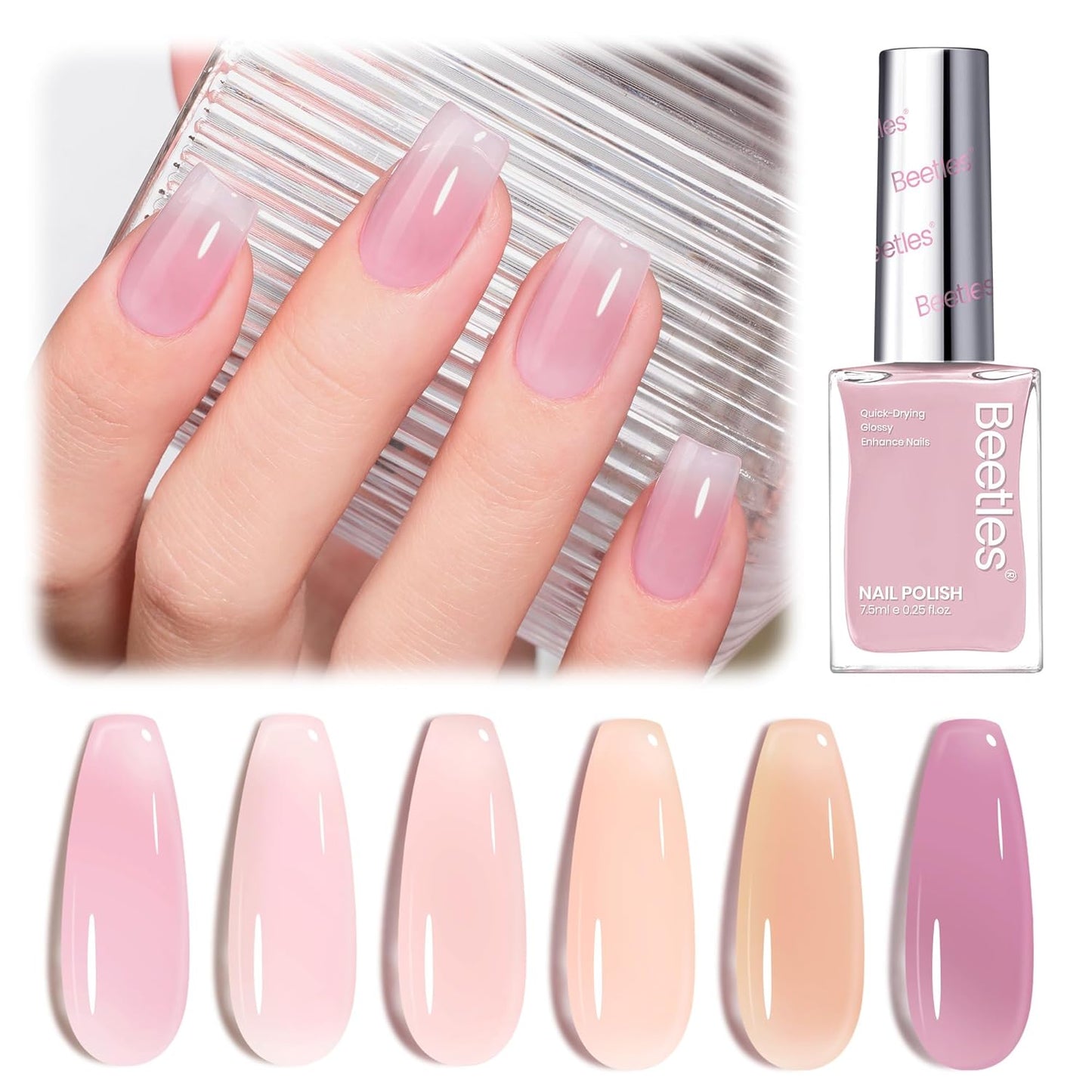 Beetles Jelly Nail Polish Set, 6 Colors Pink Nude Purple Velvet Glow Quick Dry Nail Polish Long Lasting Nail Strengthener Polish Gift for Girls Women