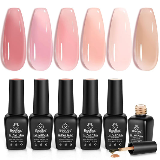 Beetles Jelly Gel Nail Polish Set, 6 Colors Jelly Gel Polish Kit Nude Pink Neutral Nail Art Design Sheer Translucent Gel Nail Kits Soak Off Uv Nail Lamp Cured Nail Manicure Gift for Women